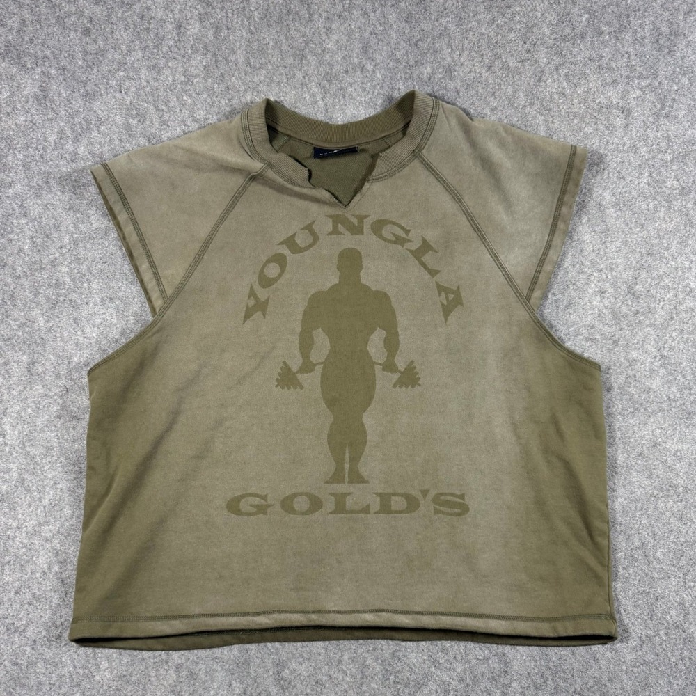 YoungLA Gold's Gym Mens XL Olive Green Sleeveless Sweatshirt Cutoff Graphic Tee